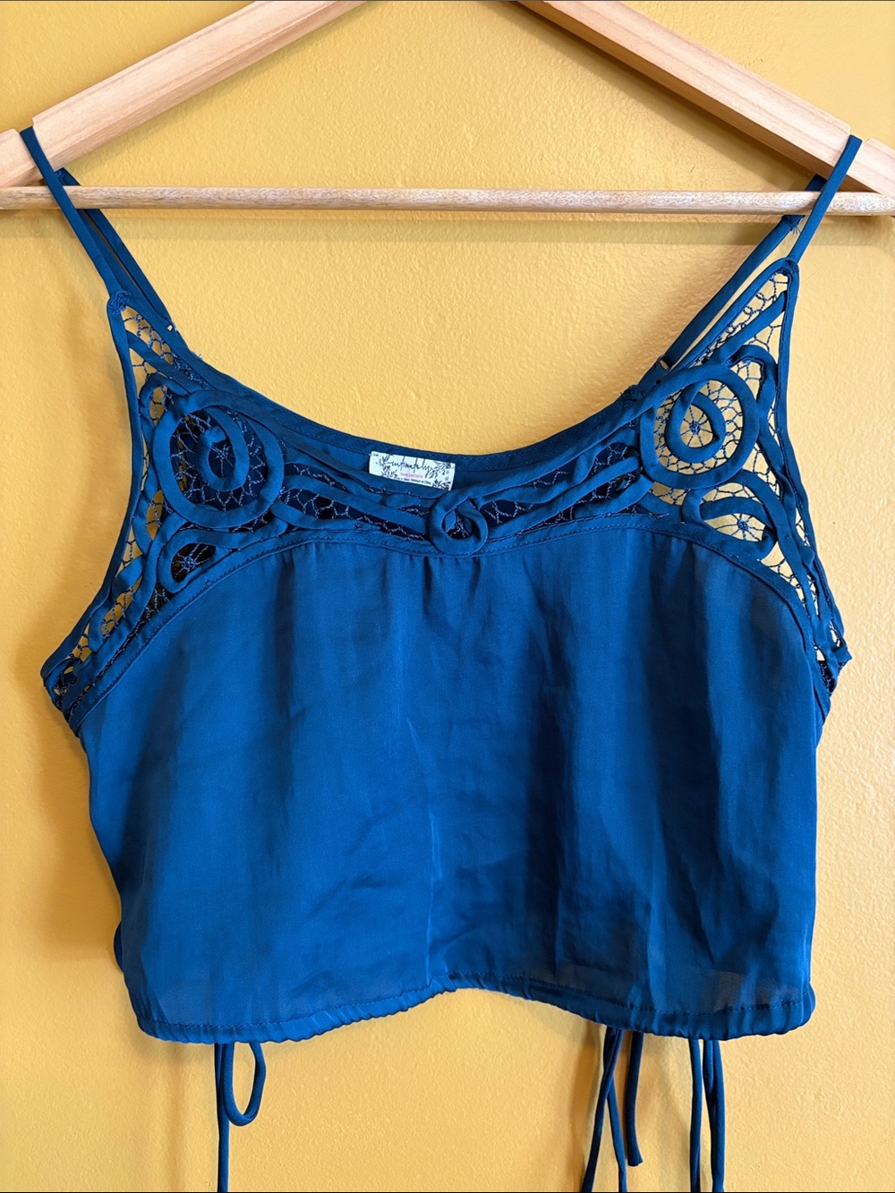 Free People Teal Silk Style Lace-Trim Cropped Camisole Crop Top